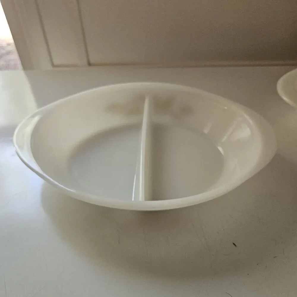 Set Of 2 Vintage Glassbake Oval Divided Dishes White Milkglass Wheat & Blueberry